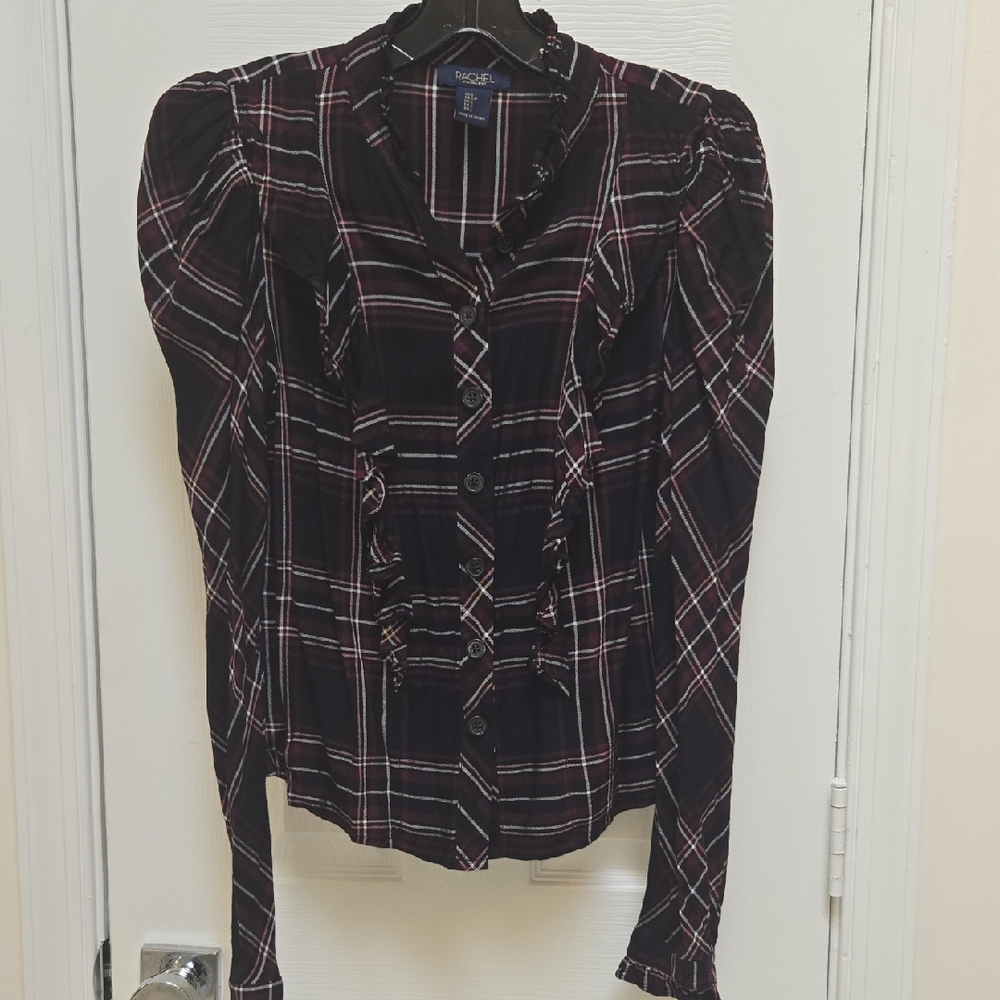RACHEL Rachel Roy Black and Pink Ruffled Fitted Blouse